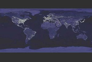 A composite image of artificial light emissions at night on a map of Earth Earth night.jpg