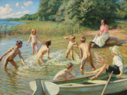 Children bathing near a rowboat (1910) by Danish painter Emil Axel Krause (1871-1945)