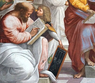 Detail of Raphael's School of Athens showing Pythagoras with epogdoon diagram