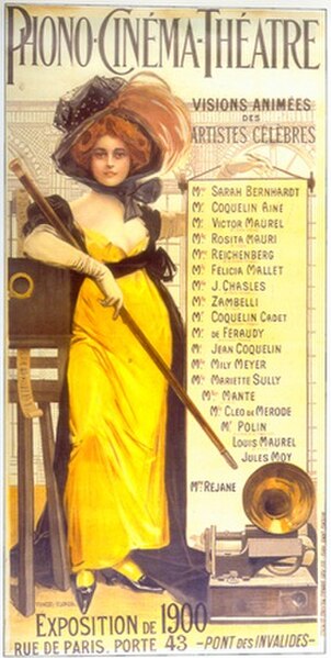 Poster featuring Sarah Bernhardt and giving the names of eighteen other "famous artists" shown in "living visions" at the 1900 Paris Exposition using 