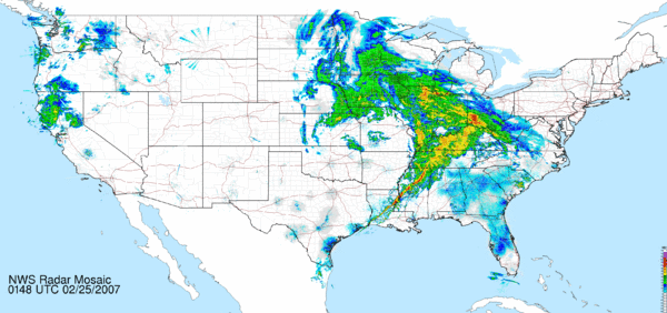 A February 24, 2007 radar image of a large extratropical cyclonic storm system at its peak over the central United States.