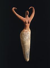 Image 5Naqada figure of a woman interpreted to represent the goddess Bat with her inward curving horns, c. 3500–3400 B.C.E. terracotta, painted, .mw-parser-output .frac{white-space:nowrap}.mw-parser-output .frac .num,.mw-parser-output .frac .den{font-size:80%;line-height:0;vertical-align:super}.mw-parser-output .frac .den{vertical-align:sub}.mw-parser-output .sr-only{border:0;clip:rect(0,0,0,0);height:1px;margin:-1px;overflow:hidden;padding:0;position:absolute;width:1px}11+1⁄2 in × 5+1⁄2 in × 2+1⁄4 in (29.2 cm × 14.0 cm × 5.7 cm), Brooklyn Museum (from Prehistoric Egypt)