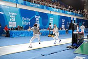 Deutsch: Fechten bei den Olympischen Jugend-Sommerspielen 2018: Tag 1, 7. Oktober 2018, Jungen, Säbel, Viertelfinale - Krisztián Rabb (HUN) - Antonio Heathcock (GER) 15:11 English: Fencing at the 2018 Summer Youth Olympics at 7 October 2018 – Boys' sabre Quarterfinals – Krisztián Rabb (HUN) Vs Antonio Heathcock (GER) 15:11