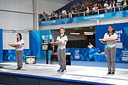 Deutsch: Fechten bei den Olympischen Jugend-Sommerspielen 2018: Tag 1, 7. Oktober 2018, Jungen, Säbel, Siegerehrung - Gold: Krisztián Rabb (HUN), Silber: Hyun Jun (KOR), Bronze: Mazen Elaraby (EGY); Medaillen überreicht durch IOC-Mitglied Britta Heidemann, Maskottchen überreicht durch FIE-Generalsekretär Emmanuel Katsiadakis English: Fencing at the 2018 Summer Youth Olympics at 7 October 2018 – Boys' sabre Medal ceremony – Gold: Krisztián Rabb (HUN), Silver: Hyun Jun (KOR), Bronze: Mazen Elaraby (EGY); Medal presenter: IOC member Britta Heidemann, Mascot presenter: FIE Secretary General Emmanuel Katsiadakis