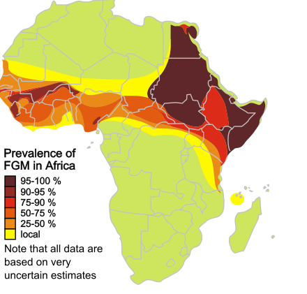 Map: Estimated prevalence of Female Genital Cutting (FGC) in Africa. Data based on uncertain estimates.