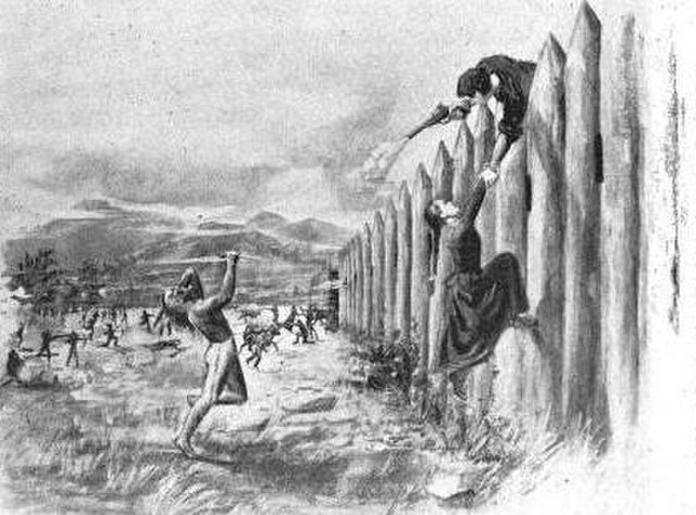 Sketch in Goodpasture's History of Tennessee (1903), showing Sevier pulling Catherine Sherrill to safety during the Cherokee assault on Fort Watauga