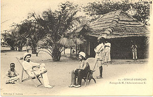 A French colonial administrator makes his "tour" of outposts, c. 1905. Presumably the other European (right) is a French cercle administrator. French Colonial administrator Congo 1905.jpg