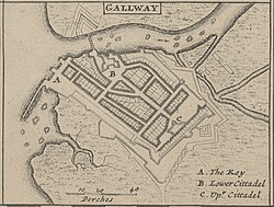 Herman Moll's map of Galway in the early 18th century, highlighting its English port and fortifications Gallway 1714 (Moll).jpg
