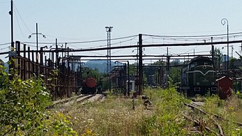 Locomotivă și vagoane cisternă abandonate în triajul rafinăriei „Steaua Română”.