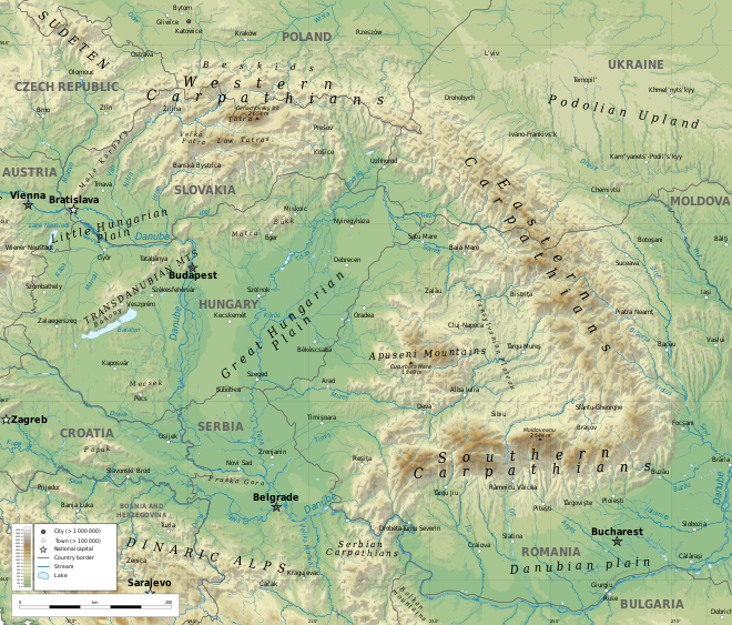 Geographical map of the Carpathian Mountains