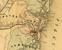 A map showing Brunswick and the surrounding area in 1864. Glynn County in 1864.PNG