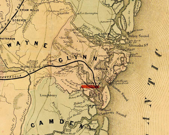 Map from 1864 that shows the location of the fort. Glynn County in 1864.PNG
