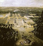Вид на Большой Трианон со стороны проспекта (Людовик XV в юности на прогулке верхом у дворца Большой Трианон). 1724. Холст, масло. Версаль