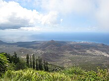 The island viewed from atop Green Mountain, looking West towards Two Boats Village and Georgetown