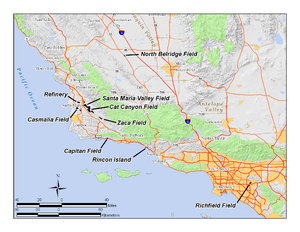 Location of Greka facilities in California, as of 2009. GrekaOverview.png