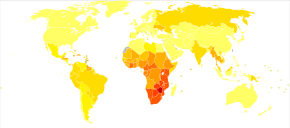 Een kaart van de wereld waarvan het grootste deel geel of oranje gekleurd is, behalve Afrika bezuiden de Sahara, dat rood of donkerrood gekleurd is