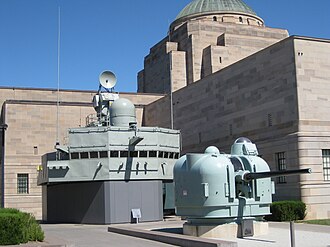 Brisbane's bridge and gun turret outside the Australian War Memorial HMAS Brisbane AWM Nov 08.JPG