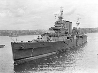 Shropshire arriving in Sydney Harbour on 30 November 1945. The cruiser has just returned from Japan, and is transporting Australian soldiers home. HMAS Shropshire (123797).jpg