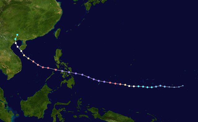 Мапа руху та інтенсивності тайфуну Хайян за шкалою Саффіра-Сімпсона.