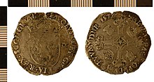 A Scottish silver half merk minted in 1572 Half Merk of James VI of Scotland from Market Rasen (FindID 489804).jpg