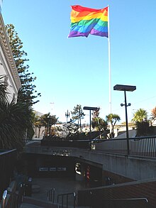 Rainbow flag in the plaza, 2013 Harvey-milk-memorial-2013-f.jpg