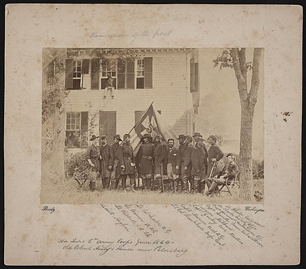 Headquarters of the 5th Corps, Army of the Potomac, at the home of Col. Avery near Petersburg, Virginia, June 1864. Photograph by Mathew Brady. From the Liljenquist Family Collection of Civil War Photographs, Prints and Photographs Division, Library of Congress