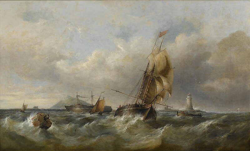 File:Henry King Taylor - A trading schooner in choppy seas off a moored hulk.jpg