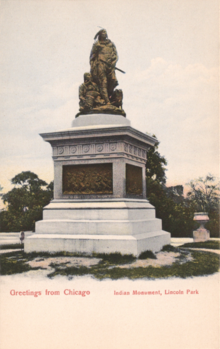 The monument in an early 20th century postcard. Note the arrows present in the hand of the male figure. Indian Monument, Lincoln Park, Chicago.png