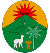 Shield of the coat of arms of Bolivia, with Inti rising above the mountains