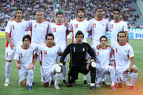 Iran's squad in July 2011 against Maldives, Manager: Carlos Queiroz Standing left to right: Aghili, Hosseini, Haddadifar, Ansarifard, Zare, Pooladi Sitting left to right: Heydari, Norouzi, Rahmati, Khalatbari, Karimi