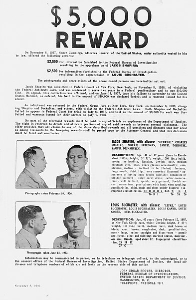 An FBI wanted poster for Jacob Shapiro and Louis Buchalter (1937)