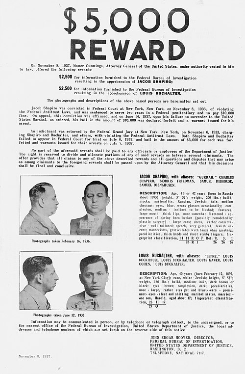 An FBI wanted poster for Jacob Shapiro and Louis Buchalter (1937)