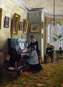 Jeanne au piano, tableau peint par l'artiste québécois Ludger Larose en 1907 (Musée national des beaux-arts du Québec). (définition réelle 6 167 × 8 559)