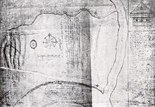 Colonel Barnwell's 1721 drawing depicting the fort's location on the northern branch of the Altamaha River. In it, he also describes various geographical features of the site. John Barnwell Altamaha River Map.jpg