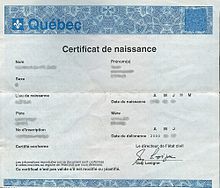 Document de certificat de naissance émis par la province du Québec, au Canada.