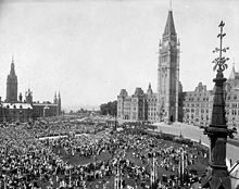 Crowds on Parliament Hill celebrate Dominion Day 1927, the 60th jubilee of confederation Jubilee celebrations on Parliament Hill.jpg