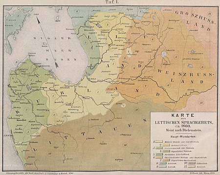 Die Grenzen der lettischen Dialekte untereinander und zu den Nachbarsprachen Estnisch(8), Livisch(9), Litauisch(10) und Russisch(11) um 1860.[15]