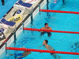 Guy and Lochte after finish Kazan 2015 - Guy and Lochte after 200m freestyle final.JPG