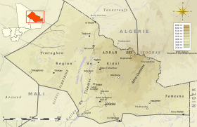 Carte topographique la région de Kidal avec l'Adrar des Ifoghas au centre.