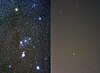 The constellation Orion viewed under different amounts of light pollution