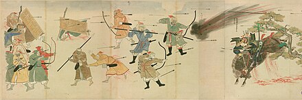 The Japanese samurai Suenaga facing Mongol arrows and bombs. Mōko Shūrai Ekotoba (蒙古襲来絵詞), circa 1293.
