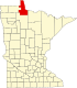 Harta statului Minnesota indicând comitatul Lake of the Woods