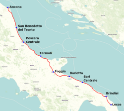 Az Ancona–Lecce-vasútvonal útvonala