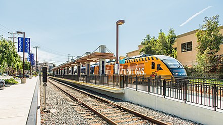 The Sprinter light rail train preparing to depart the platform at the Escondido Transit Center.
