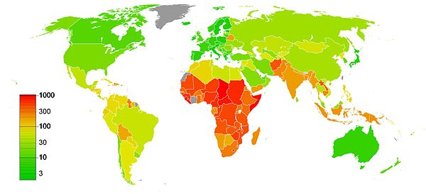 Maternal mortality rate worldwide, as defined by the number of maternal deaths per 100,000 live births from any cause related to or aggravated by pregnancy or its management, excluding accidental or incidental causes[18]