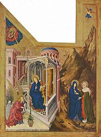 Porte d'un des deux retables de Jacques de Baerze, peint par Melchior Broederlam. L'Annonciation, la Visitation, v.1392. Musée des beaux-arts de Dijon.