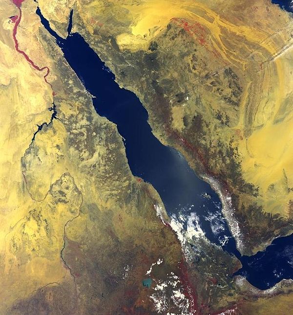 Satellite view of the red sea and adjacent lands, the incense trade, connecting Egypt to the incense-producing lands, depended heavily on navigation a