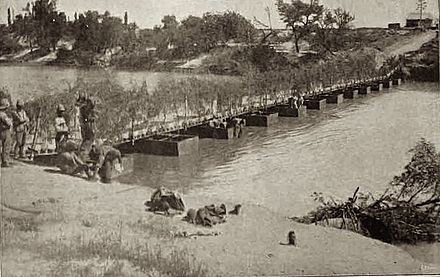 Pontoon bridge built over the Modder River after the railway bridge was destroyed by retreating Boers