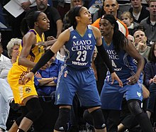 Maya Moore and Sylvia Fowles of the Lynx (right) and Nneka Ogwumike of the Sparks (left) who ultimately made the winning basket Moore Ogwumbike Fowles.jpg