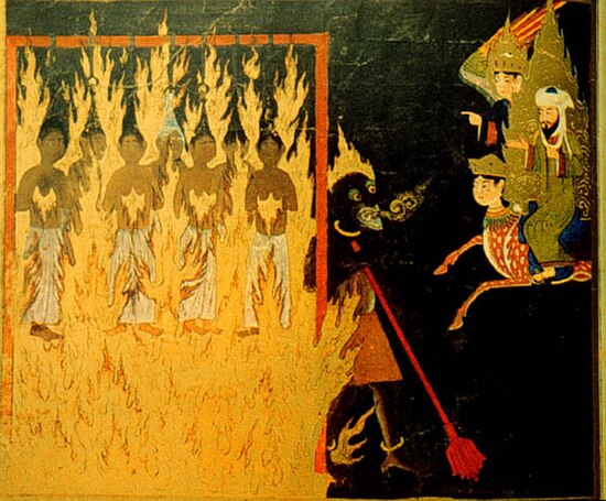 Muhammad, Buraq and Gabriel observe "shameless women" being punished in Hell for prostitution.